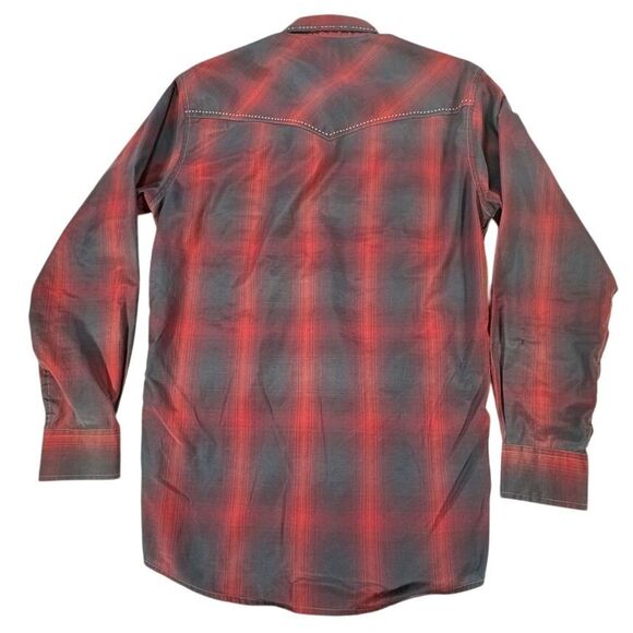 Pintlar Western Plaid Snap‎ Button Shirt Red Navy Contrast Stitching - Medium - Picture 3 of 8